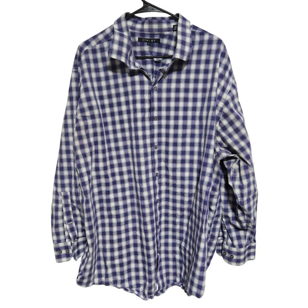 Synergy Plaid Button Up Shirt Mens Size 3XL Purple White Long Sleeve Cotton